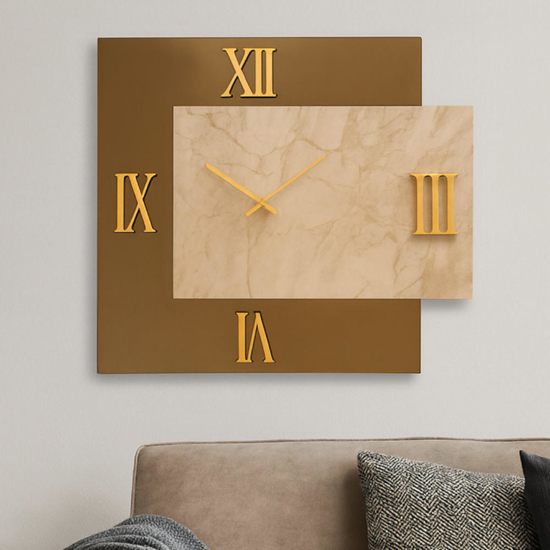 Orologio quadrato da muro design specchio bronzo e marmo laminato 80x90cm