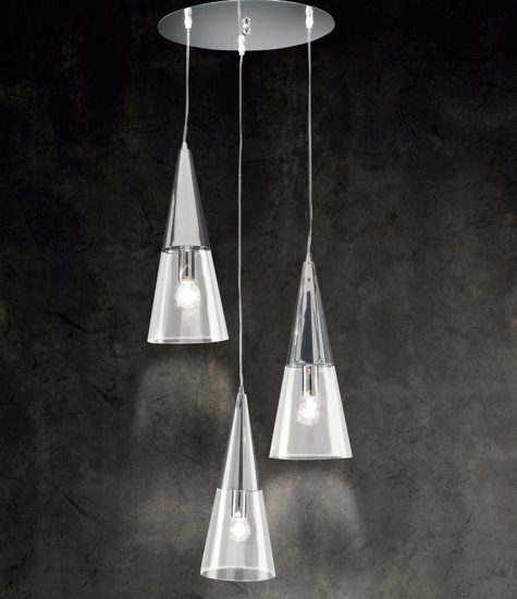 Ondaluce so trento 3 lampadario tre coni cromo vetri trasparenti