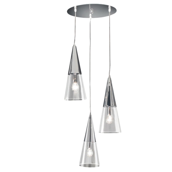 Ondaluce so trento 3 lampadario tre coni cromo vetri trasparenti