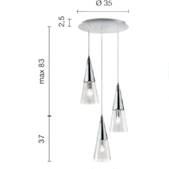 Ondaluce so trento 3 lampadario tre coni cromo vetri trasparenti