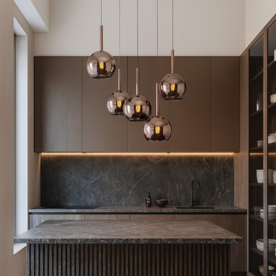 Lampadario per cucina moderna vetri sfere rame
