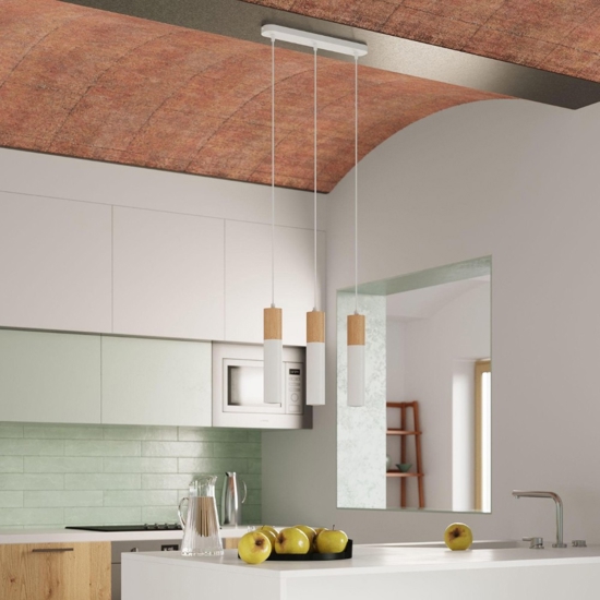 Lampadario 3 luci per cucina bianco legno