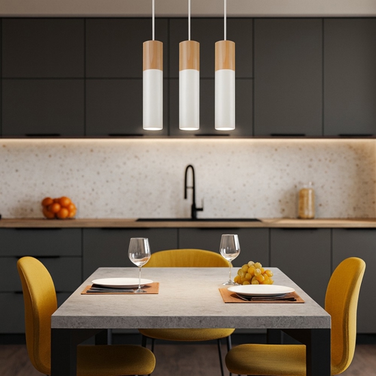 Lampadario 3 luci per cucina bianco legno