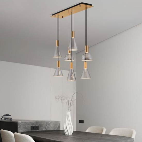 Lampadario per tavolo da pranzo cucina 7 luci led 3000k vetro fume'