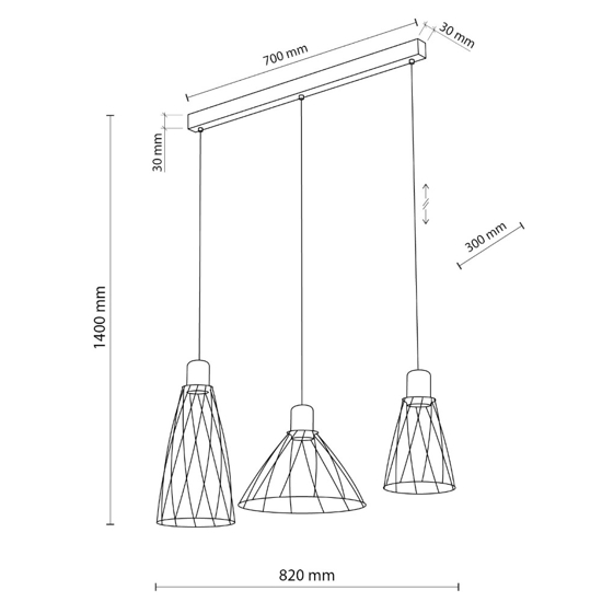 Lampadario per cucina lineare nero tre elementi diffusori a gabbia