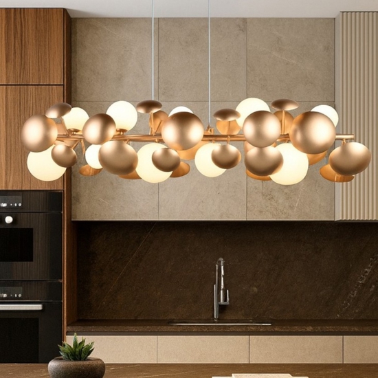 Lampadario per tavolo cucina moderna oro sfere vetro bianco