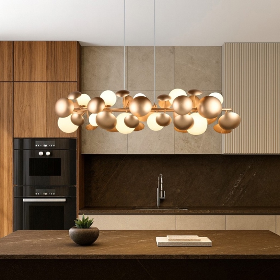 Lampadario per tavolo cucina moderna oro sfere vetro bianco