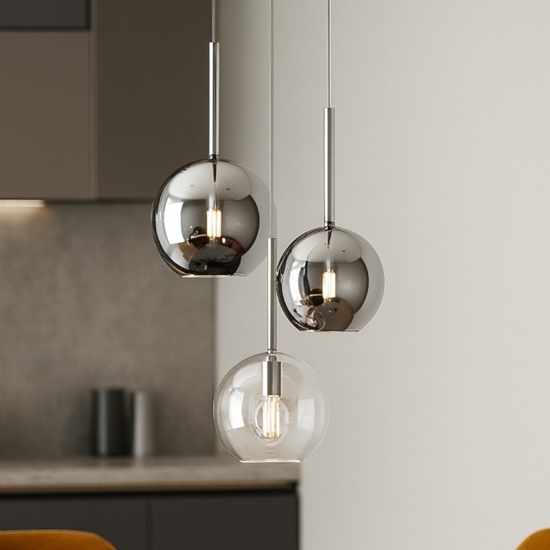 Lampadario da cucina tre vetri sferici cromo trasparente