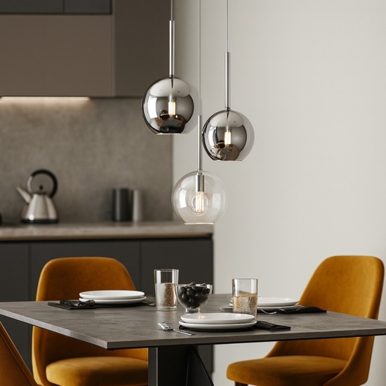 Lampadario da cucina tre vetri sferici cromo trasparente