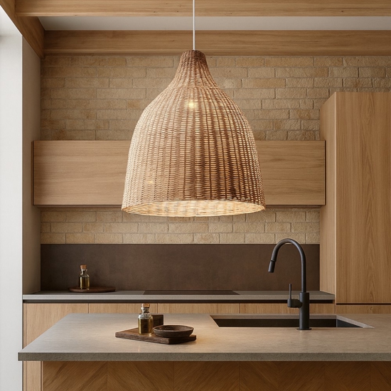 Ideal lux haunt sp1 lampadario da cucina campana in legno vimini