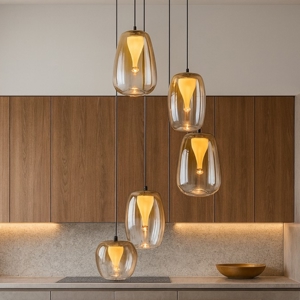 Visualizza i dettagli per Lampadario per cucina moderna led 3000k paralumi vetro ambrato Lampadario per cucina moderna led 3000k paralumi vetro ambrato