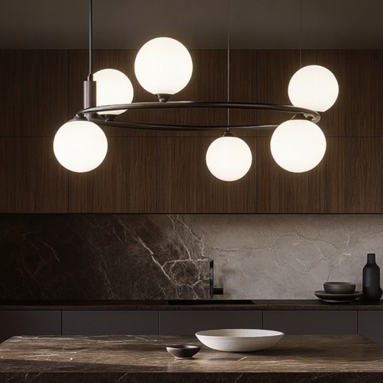 Maytoni lampadario per cucina moderna ring nero sfere vetro bianco