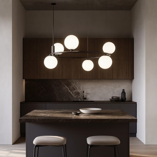 Maytoni lampadario per cucina moderna ring nero sfere vetro bianco