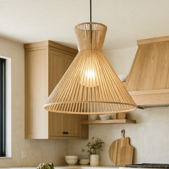 Lampadario a cono per cucina marrone in corda 35 cm
