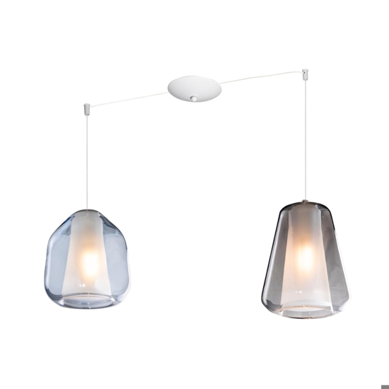 Lampadario con decentramento vetri blu fume per cucina