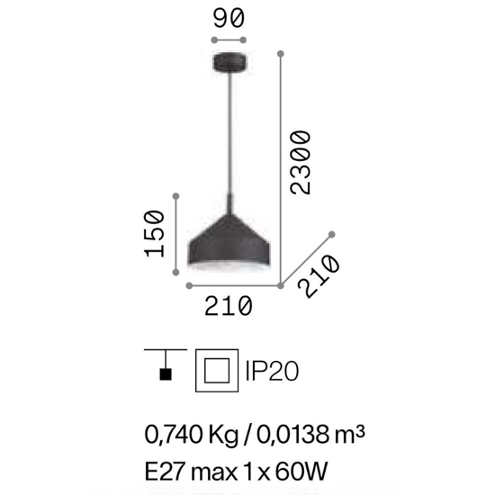 Yurta sp1 d21 lampadario pendente nero cono ideal lux