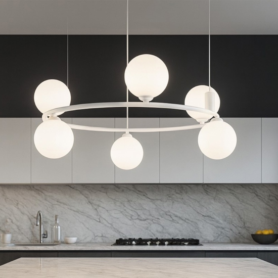 Maytoni lampadario ring per cucina moderna bianco sfere vetro bianco