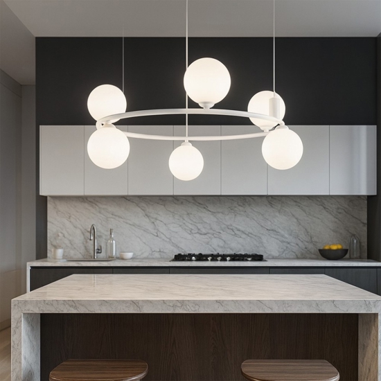 Maytoni lampadario ring per cucina moderna bianco sfere vetro bianco