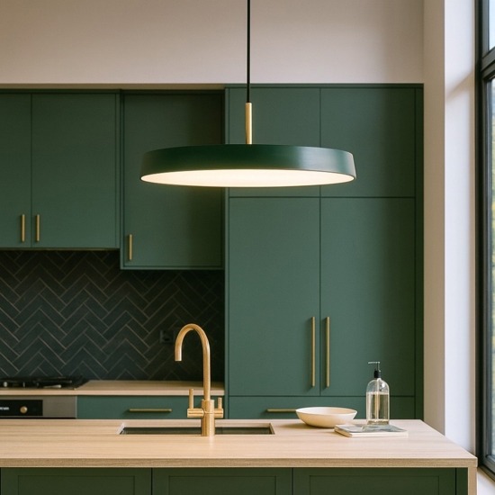 Lampadario verde tondo piatto circolare per tavolo cucina moderna