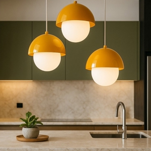 Lampadario per cucina moderna 3 luci pendenti a cupola ocra