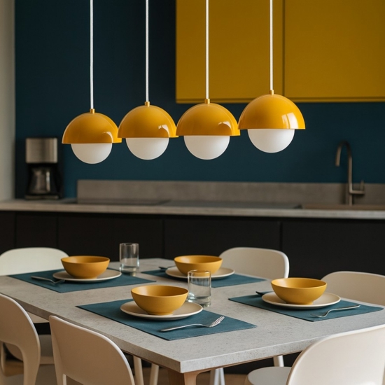 Lampadario per cucina moderna 4 luci pendenti a cupola ocra