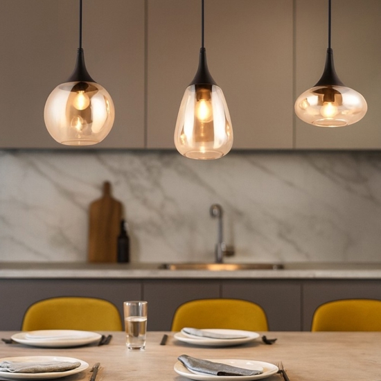 Lampadario da cucina 3 luci vetro ambrato