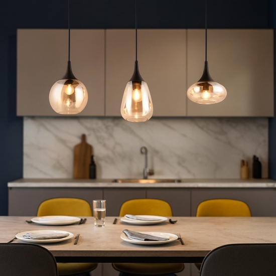 Lampadario da cucina 3 luci vetro ambrato