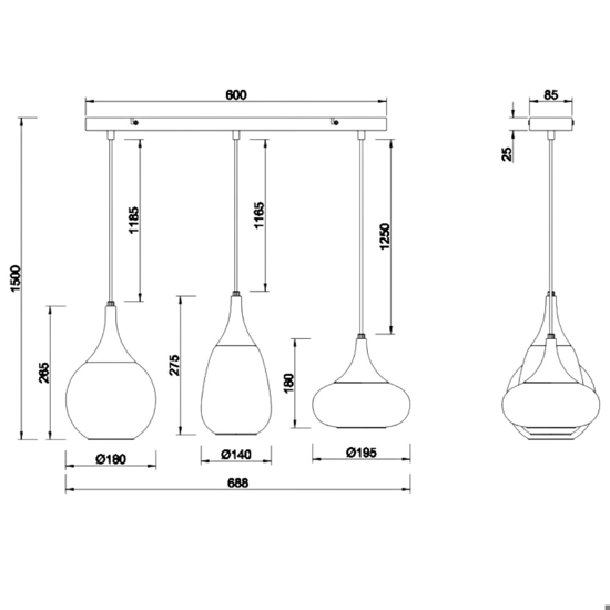 Lampadario da cucina 3 luci vetro ambrato