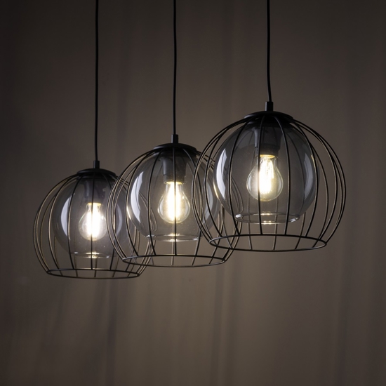 Lampadario per cucina lineare nero tre elementi a sfera diffusori a gabbia