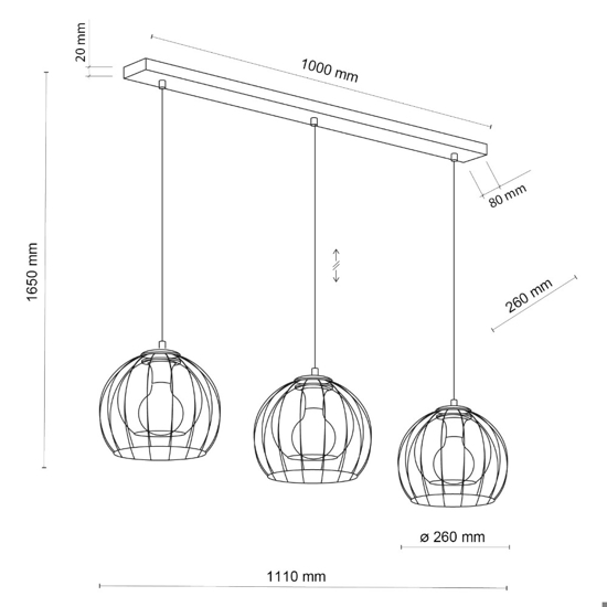 Lampadario per cucina lineare nero tre elementi a sfera diffusori a gabbia
