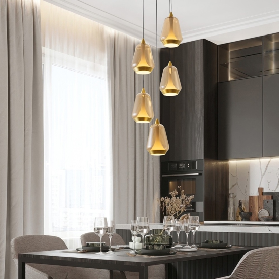 Lampadario per tavolo da pranzo cucina 5 luci vetro ottone led 3000k