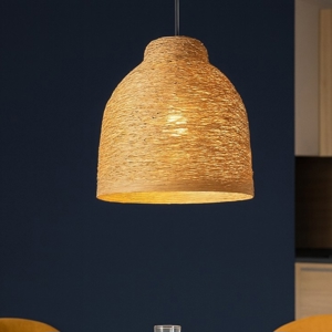 Lampadario tavolo da cucina marrone paralume in legno naturale