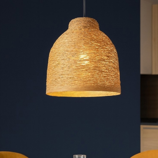 Lampadario tavolo da cucina marrone paralume in legno naturale