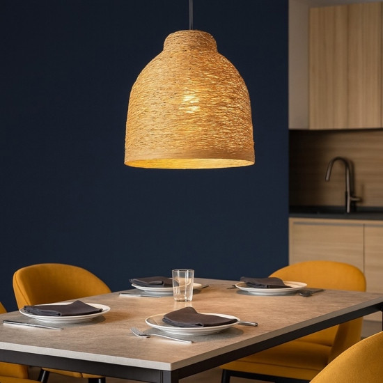 Lampadario tavolo da cucina marrone paralume in legno naturale