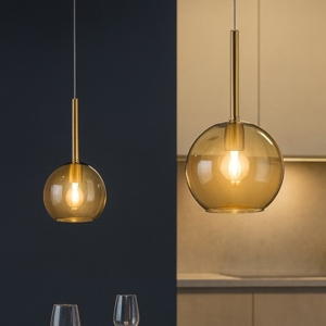 Visualizza i dettagli per Lampadario per cucina con decentramento 2 luci sfere vetro ambra Lampadario per cucina con decentramento 2 luci sfere vetro ambra
