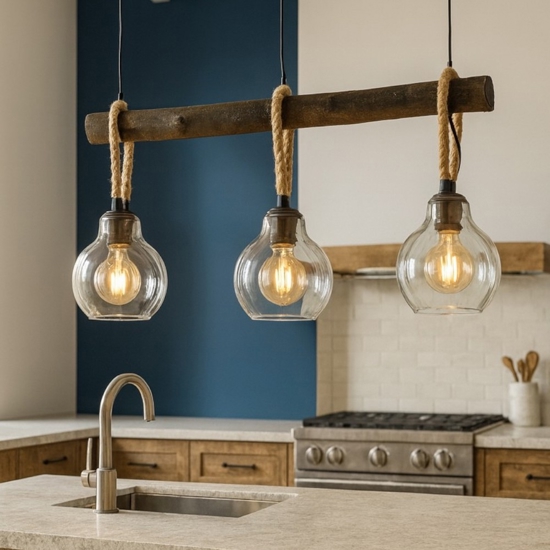 Roding eglo lampadario da cucina tre luci legno stile industriale