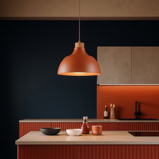 Lampadario per cucina cupola colore mattone legno pino