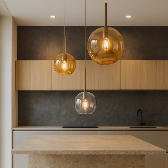 Lampadario per cucina vetri trasparente ambra