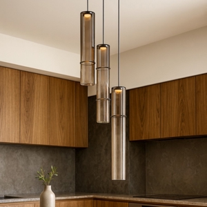 Visualizza i dettagli per Lampadario da cucina tre luci cilindriche led 3000k vetro moka Lampadario da cucina tre luci cilindriche led 3000k vetro moka