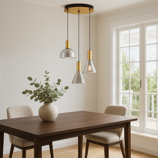 Lampadario da cucina per tavolo da pranzo 3 luci led 3000k vetro fume'