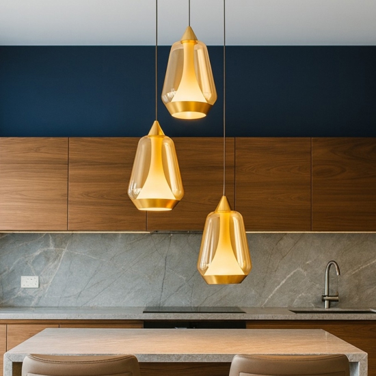 Lampadario da cucina tre luci vetro oro led 3000k dimmerabile