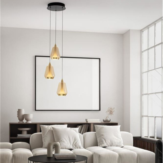 Lampadario da cucina tre luci vetro oro led 3000k dimmerabile