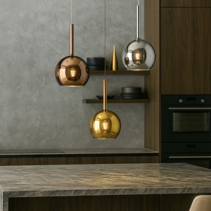 Lampadario per cucina 3 sfere vetri rame cromo oro