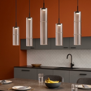 Visualizza i dettagli per Lampadario per isola cucina 5 luci led 3000k cilindri vetro moka Lampadario per isola cucina 5 luci led 3000k cilindri vetro moka
