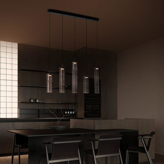 Lampadario per isola cucina 5 luci led 3000k cilindri vetro moka