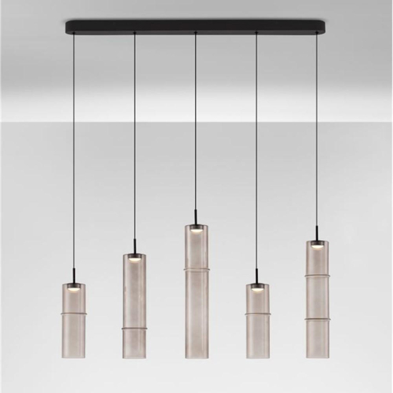 Lampadario per isola cucina 5 luci led 3000k cilindri vetro moka