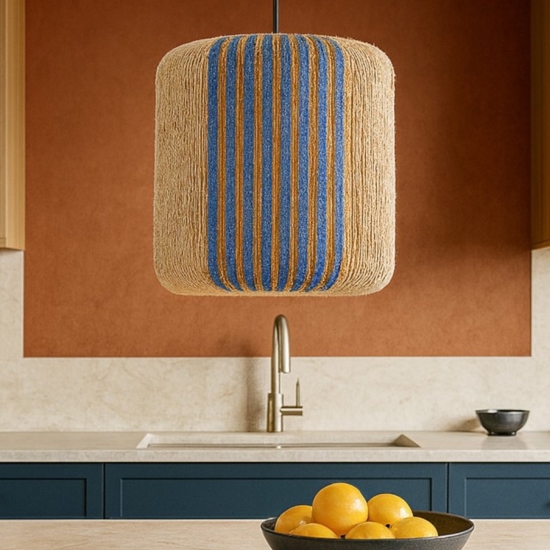 Lampadario per isola penisola cucina corda naturale dettagli blu
