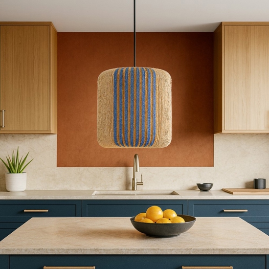 Lampadario per isola penisola cucina corda naturale dettagli blu