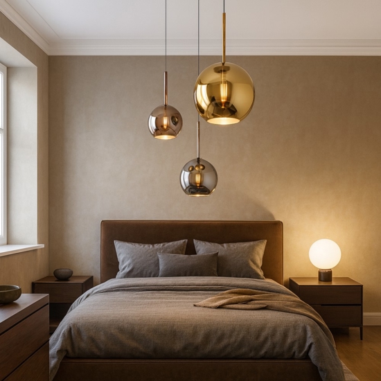 Lampadario 3 luci pendenti da camera da letto sfere vetro cromo oro rame