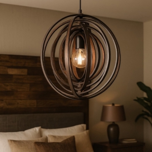 Lampadario cerchi di legno marrone design per camera da letto